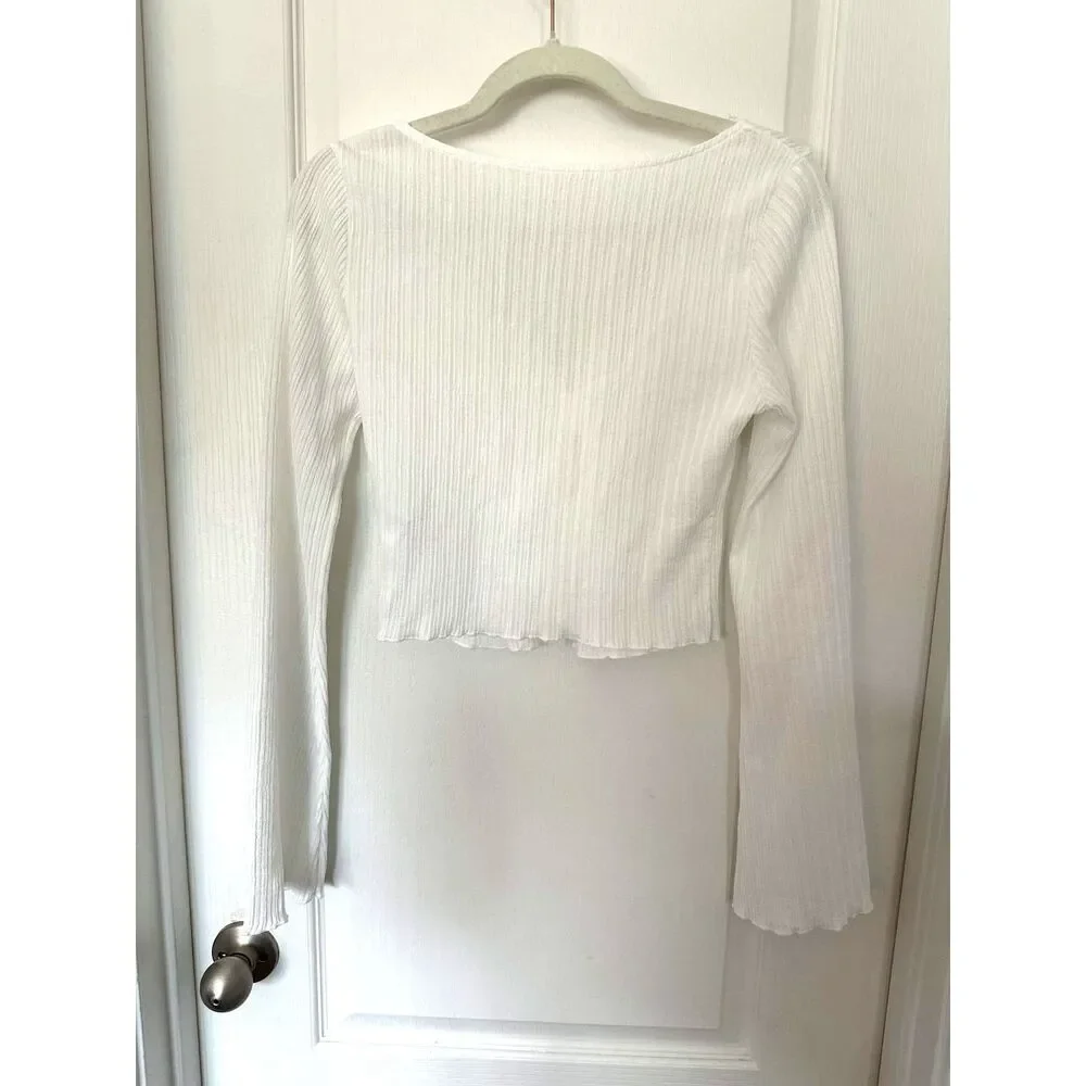 Commense White Ribbed Lace Trim Hook Front Long Sleeve Crop Top Small Boho Fairy - Picture 4 of 10